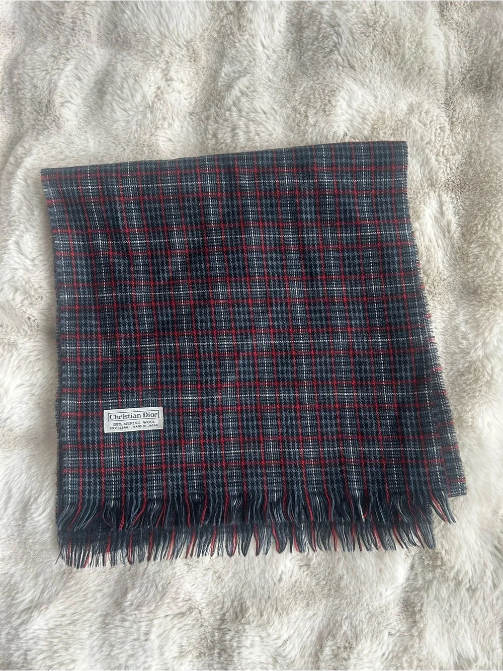 Vintage Dior Plaid Wool Scarf in Navy and Red